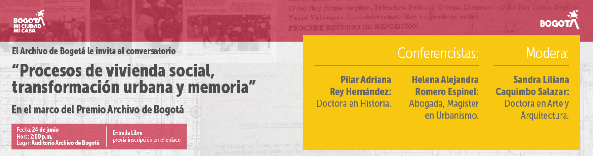 Pieza gráfica de divulgación del Conversatorio “Procesos de vivienda social, transformación urbana y memoria”